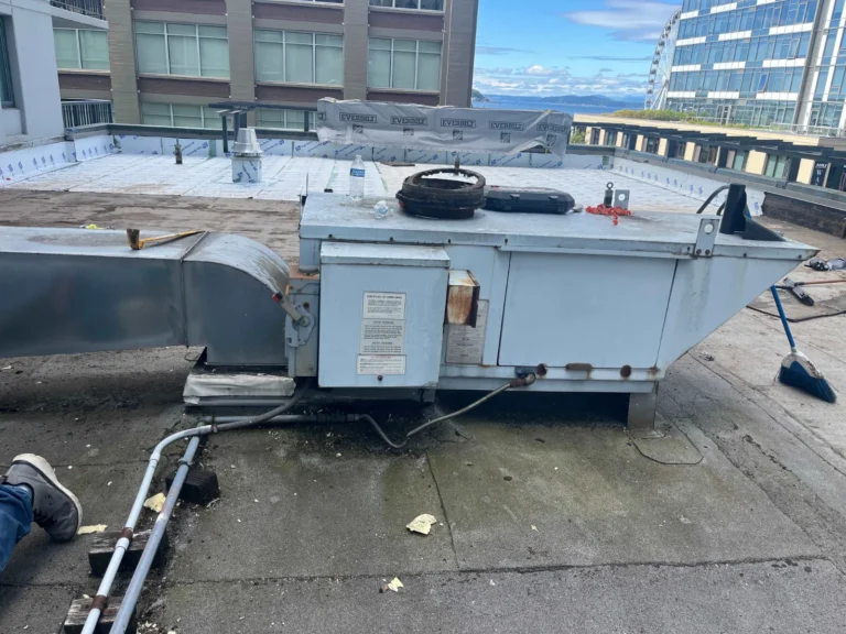 Rooftop unit on a downtown Seattle roof during a roof replacement